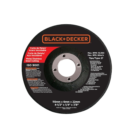 BLACK+DECKER G720K metal and stainless steel cutting disc, 115mm, front angle, white background.