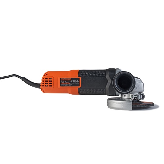 BLACKDECKER G720N angle grinder, orange and black, side view on white background.