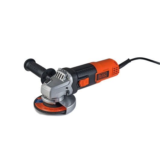BLACKDECKER G720N angle grinder with side handle, black and orange body, product on white background.