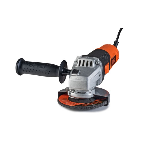 BLACKDECKER G720N angle grinder with orange and black body, side handle, and power cord, front angle on white.