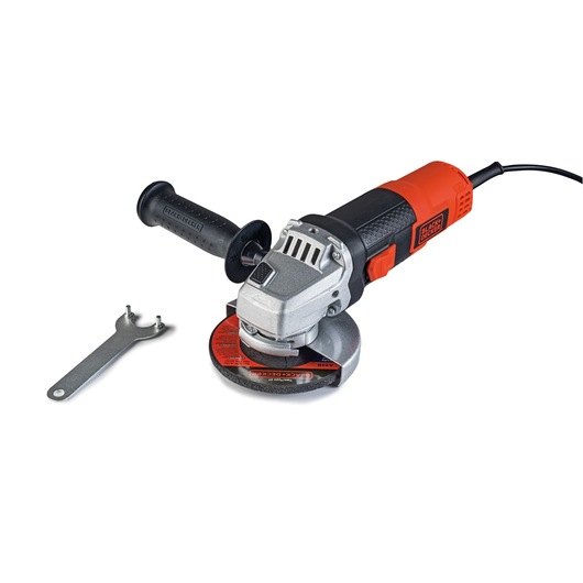 Photo of BLACKDECKER G720N angle grinder with black handle, red and black body, and a metal wrench, front angle.