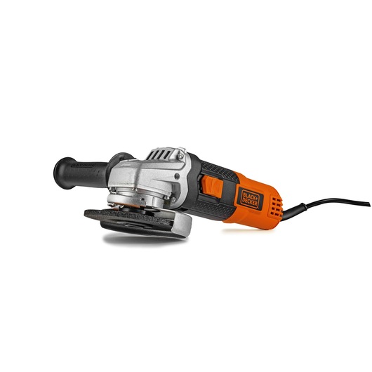 Photo of BLACKDECKER G720N angle grinder, orange and black, side view on white background.