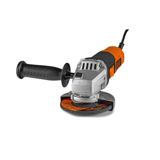 BLACKDECKER G720N angle grinder with orange and black handle, side view on white background.