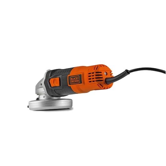BLACKDECKER G720N angle grinder, orange and black, side view, corded power tool on white background.