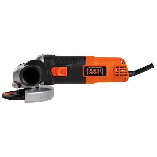 BLACKDECKER G720P angle grinder, black and orange, side view on white background.