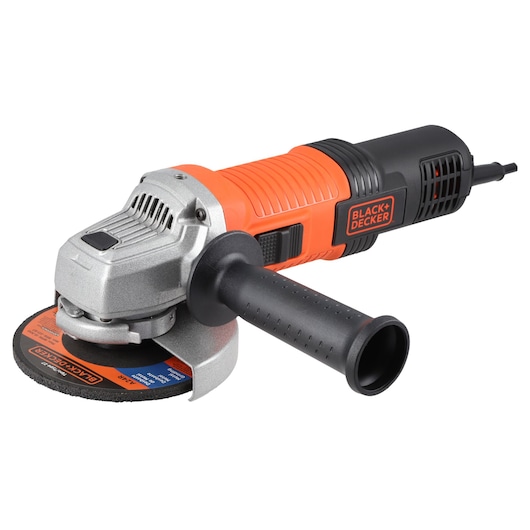 BLACKDECKER G720X angle grinder in orange and black, front left view on white background.