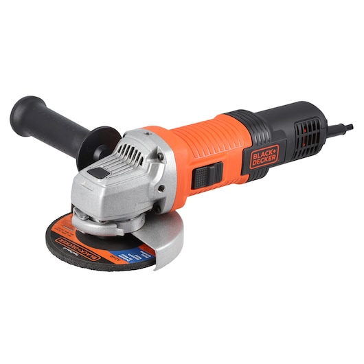 Photo of BLACK+DECKER G720X angle grinder with orange and black body, side handle, and visible cutting disc on white background.