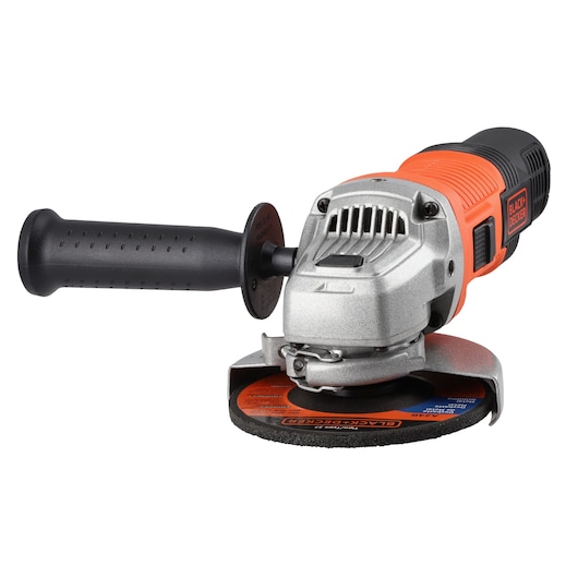 Photo of BLACKDECKER G720X angle grinder with orange and black handle, side grip, and visible cutting disc, front angle.