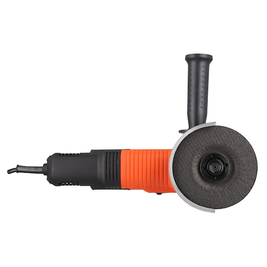 BLACKDECKER G720X angle grinder with orange and black body, side handle, front view, white background.