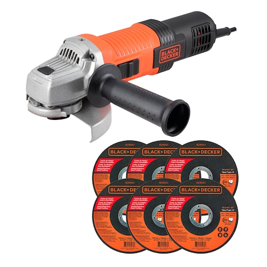 BLACKDECKER G720X angle grinder with black side handle and six grinding discs, front angle, white background.