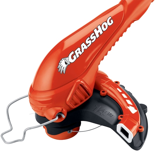 BLACKDECKER GH750 orange and black string trimmer close-up, showing cutting head and GrassHog branding, white background.