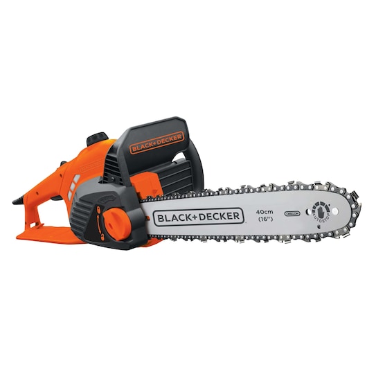 Photo of BLACK+DECKER GK1740 electric chainsaw, 40cm blade, orange and black, side angle on white background.
