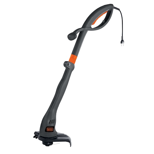 Photo of BLACKDECKER GL300B electric grass trimmer in gray and orange, side angle on white background.