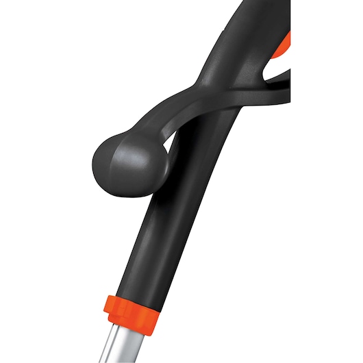 Close-up photo of BLACKDECKER GL300B grass trimmer handle in black with orange accent, white background.