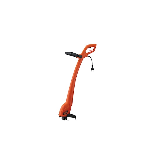 BLACKDECKER GL350 orange electric grass trimmer side view with power cord on white background.