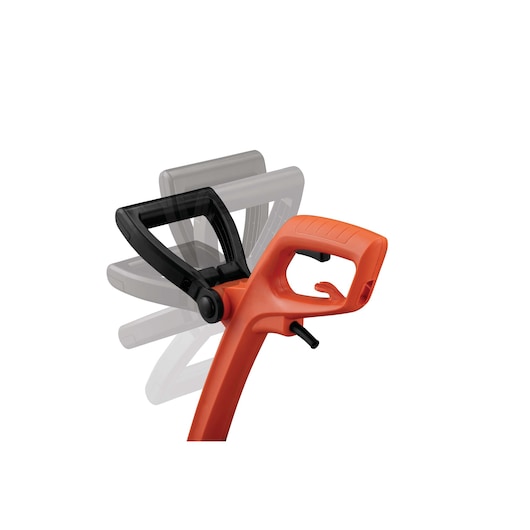 BLACKDECKER GL350 string trimmer orange handle with adjustable black auxiliary handle, white background, side angle.
