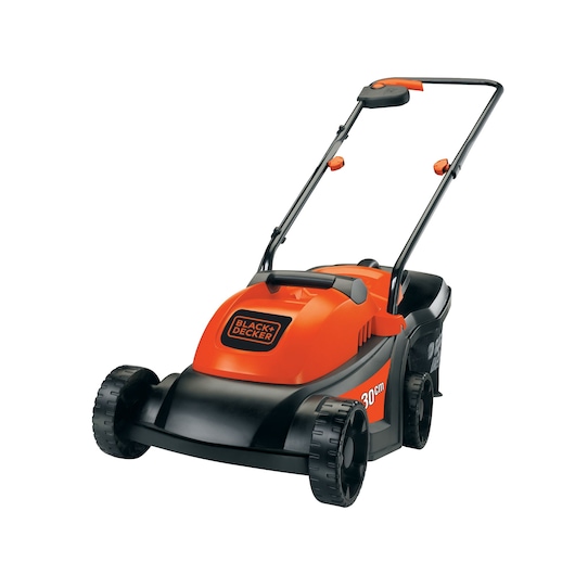 BLACKDECKER GR3000 orange and black lawn mower front angle on white background.