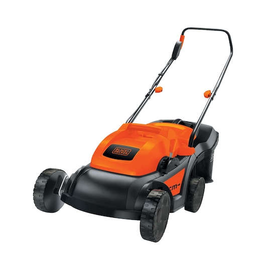 Photo of BLACK+DECKER GR3400 lawn mower, orange and black, side angle, with large rear wheels and handle.