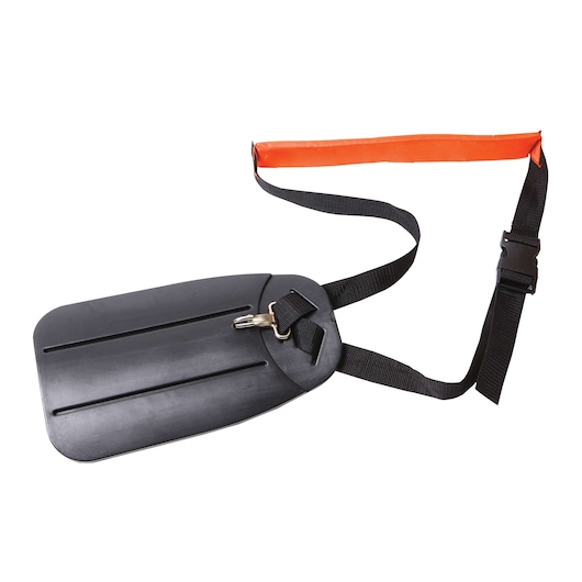 BLACKDECKER GST26 shoulder strap with black plastic pad and orange padded section, product photo, top view.
