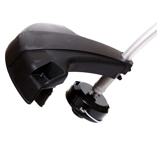 BLACKDECKER GST26 string trimmer head close-up on white background, black plastic guard and curved shaft visible.