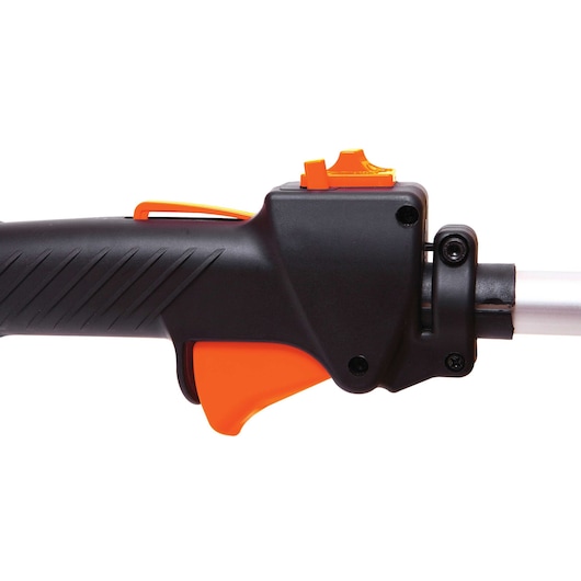 BLACK+DECKER GST26 grass trimmer black and orange handle close-up, white background.