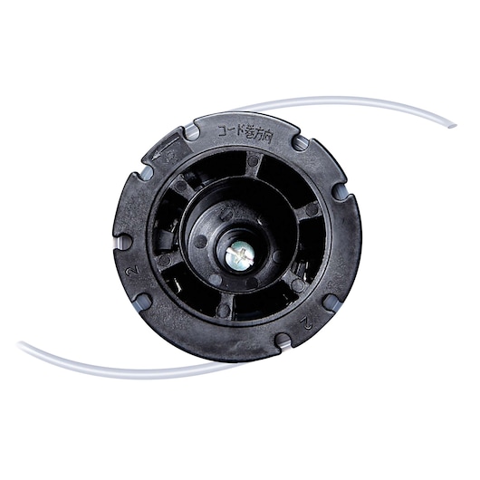 BLACKDECKER GST26 trimmer spool head, black plastic, with dual line, top view, white background.