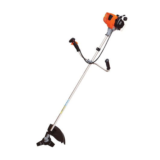 BLACKDECKER GST33 brush cutter with orange motor and dual handle, side view on white background.