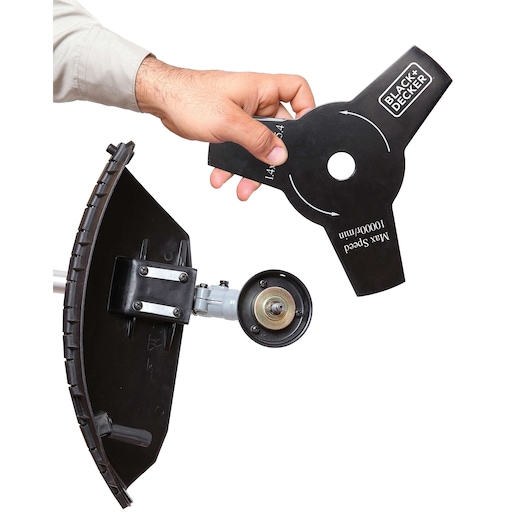 BLACK+DECKER GST33 grass trimmer blade and guard, close-up on white background.