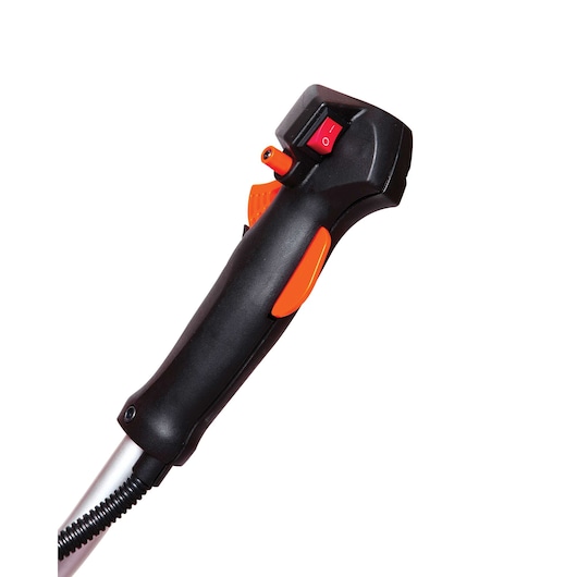 BLACKDECKER GST33 grass trimmer black and orange handle with power switch, close-up on white background.