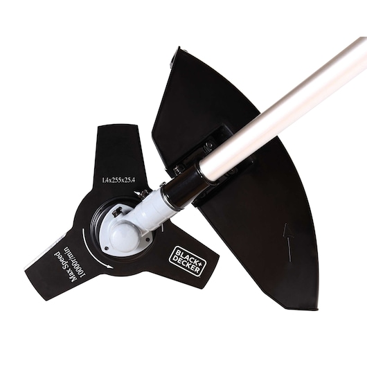 Photo of BLACKDECKER GST33 grass trimmer blade and guard, close-up, on white background.