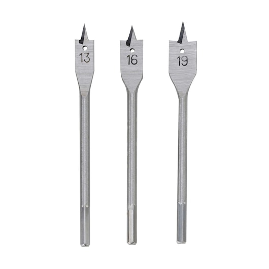 BLACKDECKER HD455KA flat wood drill bit set, three silver bits with sizes 13, 16, 19 mm, front view on white.