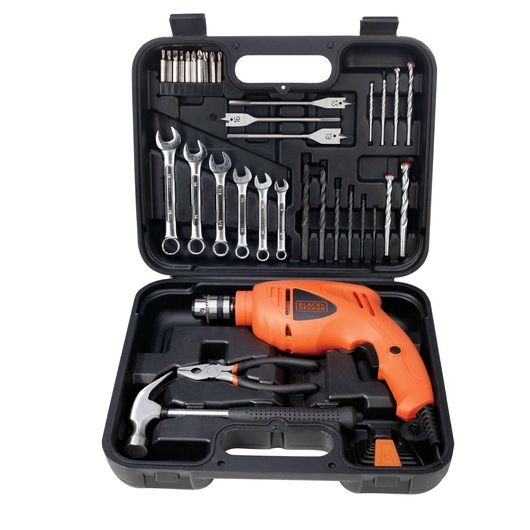 BLACKDECKER HD455KA tool kit with orange electric drill, wrenches, hammer, pliers, drill bits, and accessories in black case.