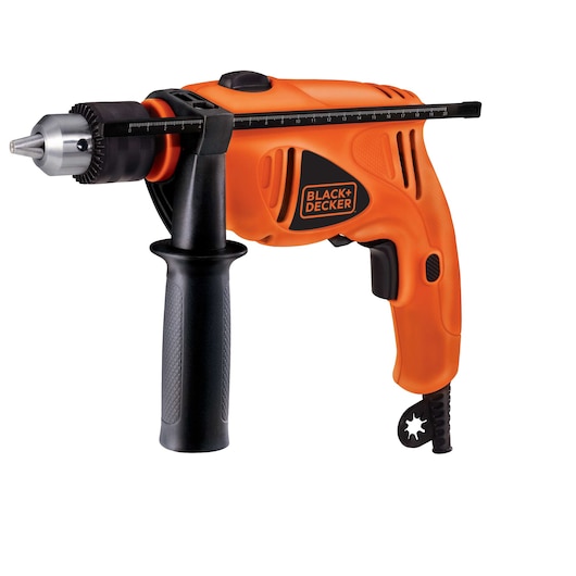 BLACKDECKER HD500 orange corded drill with side handle, depth gauge, front angle photo.