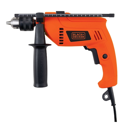 BLACKDECKER HD555K orange corded drill with side handle and depth gauge, front angle, white background.