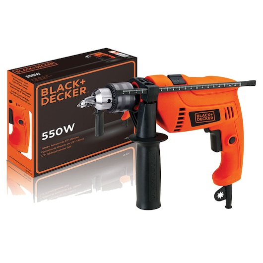 BLACK+DECKER HD555K orange corded hammer drill with side handle and depth gauge shown with retail box, front angle.