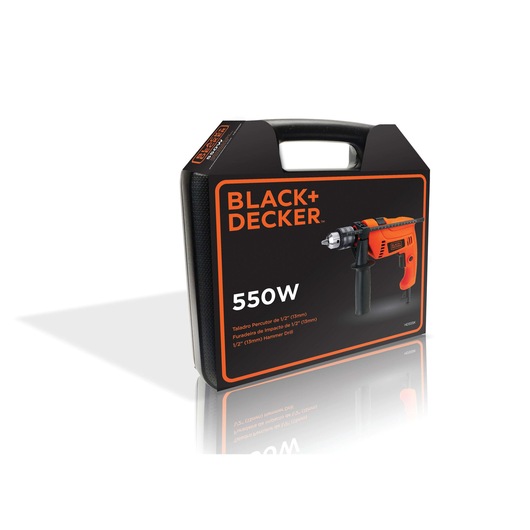 BLACKDECKER HD555K hammer drill case with orange 550W drill, angled view on white background.