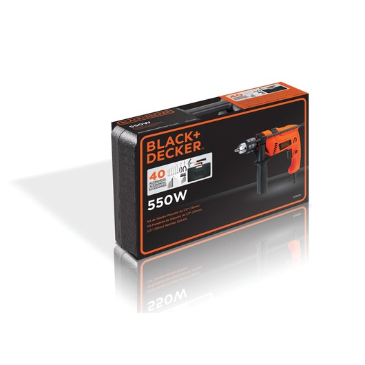 BLACKDECKER HD565K hammer drill kit box, 550W, 40 accessories, angled view on white background.