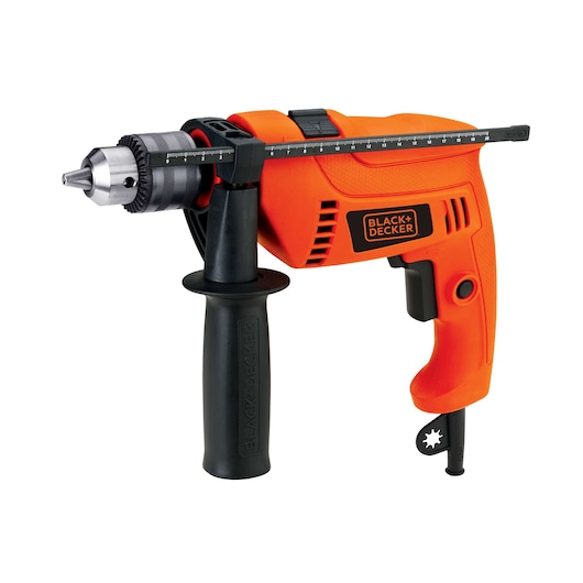 BLACKDECKER HD650 orange corded drill with side handle and depth gauge, product front left angle.