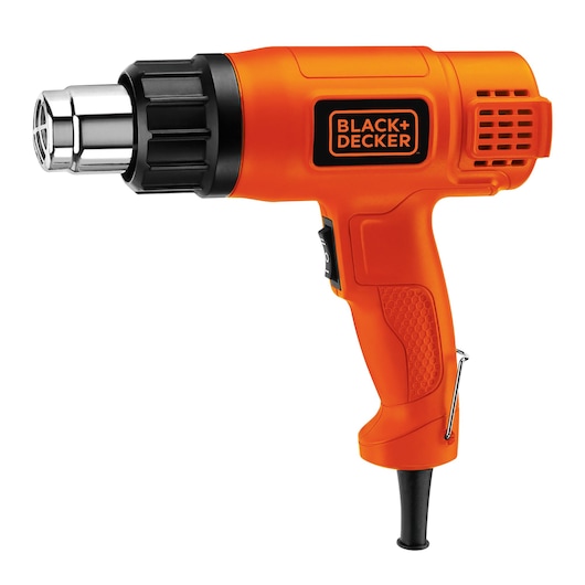 Orange BLACK+DECKER heat gun with ergonomic handle and metal nozzle, suitable for DIY projects.