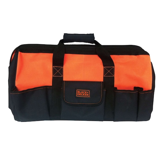 BLACKDECKER HG5072B tool bag, orange and black, front angle, padded handle and exterior pockets.