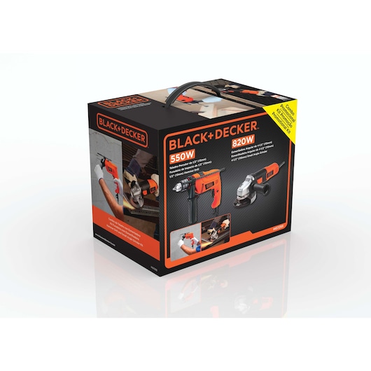 Box of BLACK+DECKER HG7255 photography product set, featuring a power drill and an angle grinder. The packaging displays images of the tools and their specifications: 550W drill and 820W grinder. The box has a black and orange design and a carrying handle.
