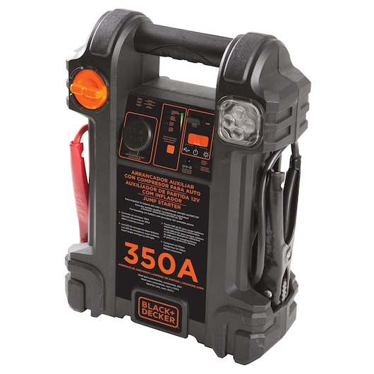 BLACKDECKER JS350CC jump starter with compressor, 350A, black and orange, front angle on white background