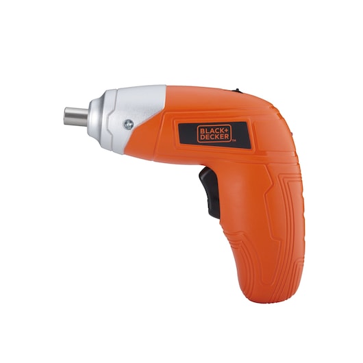 BLACKDECKER KC3610 cordless orange screwdriver, left side view on white background.