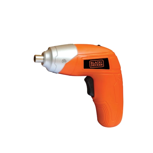BLACKDECKER KC3610 orange cordless screwdriver, side view on white background.