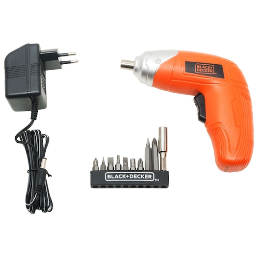 BLACKDECKER KC3610 orange cordless screwdriver set with charger and bits, front angle, white background.