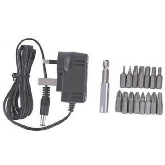 BLACKDECKER KC4815 power adapter, bit holder, and screwdriver bit set on white background.