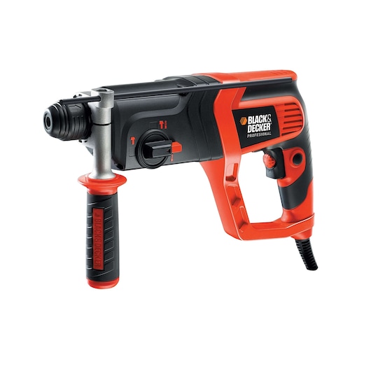 BLACKDECKER KD975KA corded rotary hammer drill, black and red, side angle, photography.