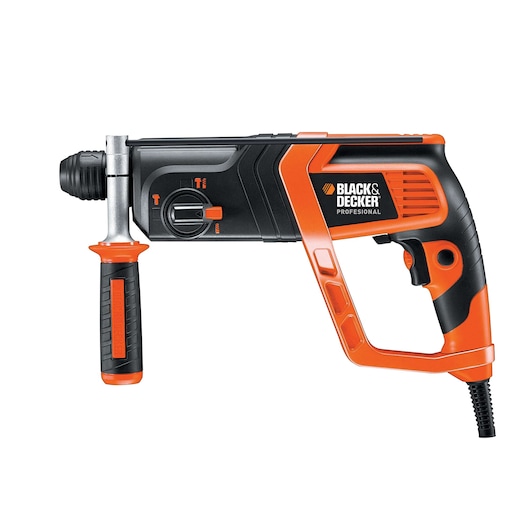 BLACKDECKER KD975KA rotary hammer drill, black and orange, side view, dual handle, corded power tool.
