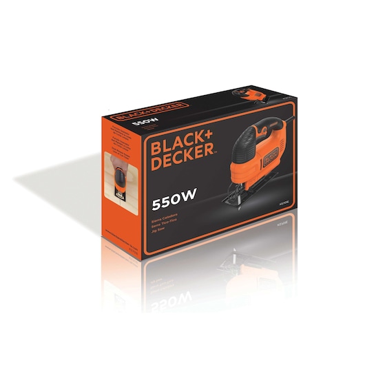 Photo of BLACK+DECKER KS701E jigsaw 550W retail box, showing product image and black-orange packaging, angled view.