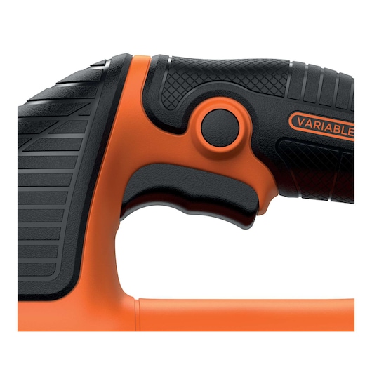 Close-up photo of BLACK+DECKER KS701PEK jigsaw handle, showing textured black and orange grip with variable speed button.